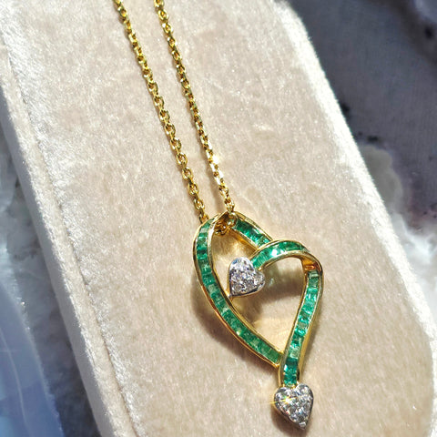 18k Solid Gold Emerald & Diamond Vintage Open Heart Pendant | Indulgems