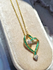18k Solid Gold Emerald & Diamond Vintage Open Heart Pendant | Indulgems