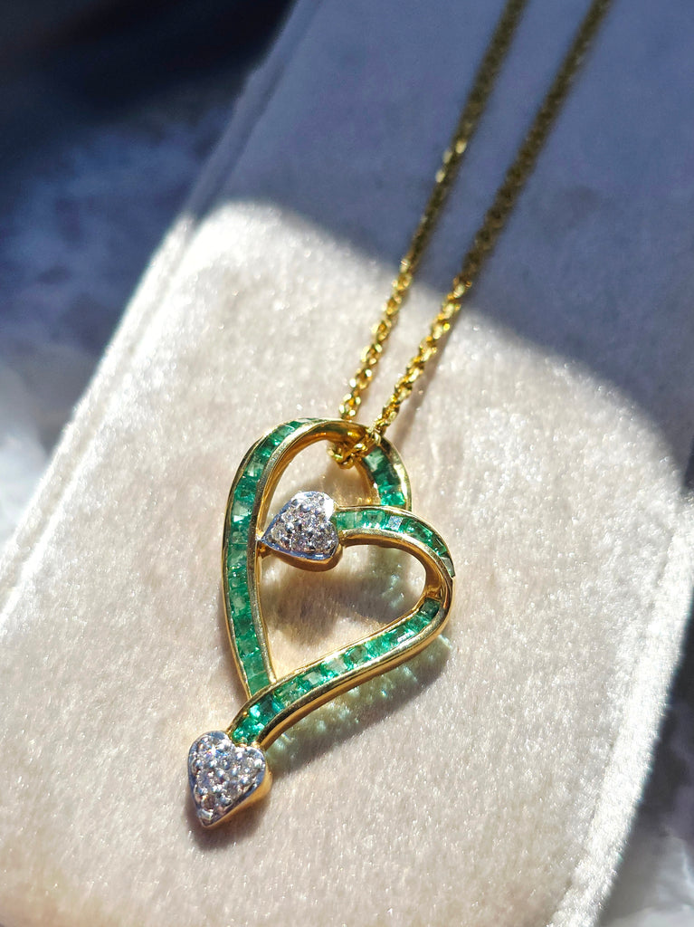 18k Solid Gold Emerald & Diamond Vintage Open Heart Pendant | Indulgems