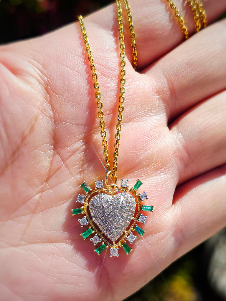 Diamond & Emerald Heart 14K Gold Pendant