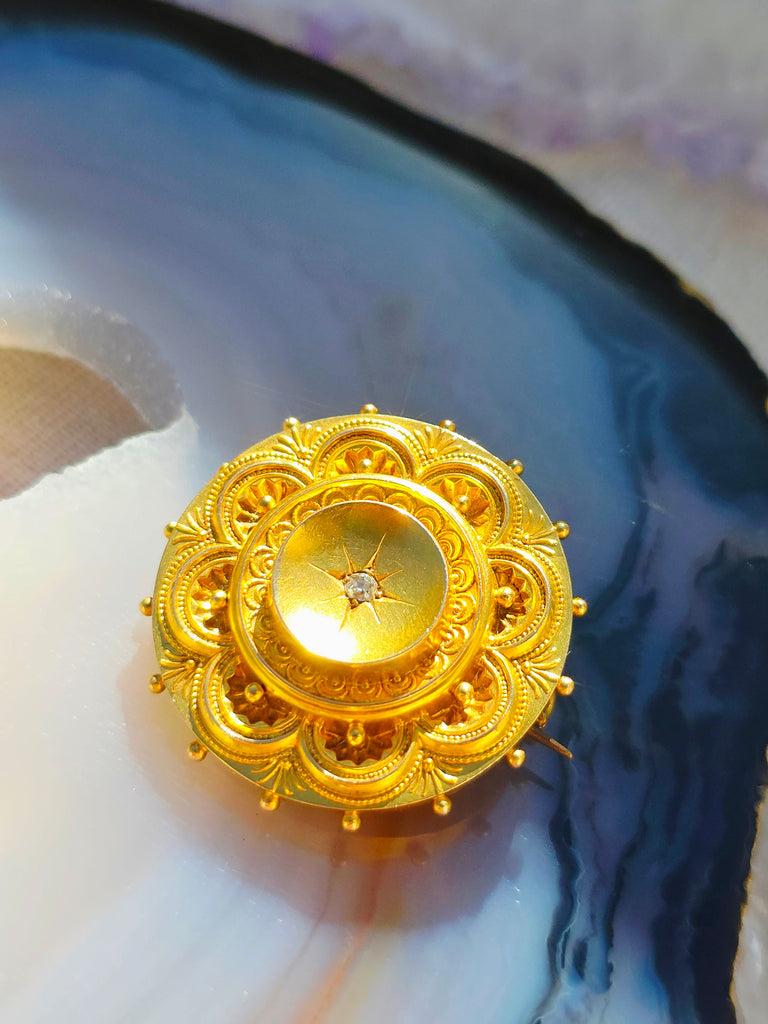 15K Yellow Gold Antique Diamond Round Brooch Locket  | Indulgems
