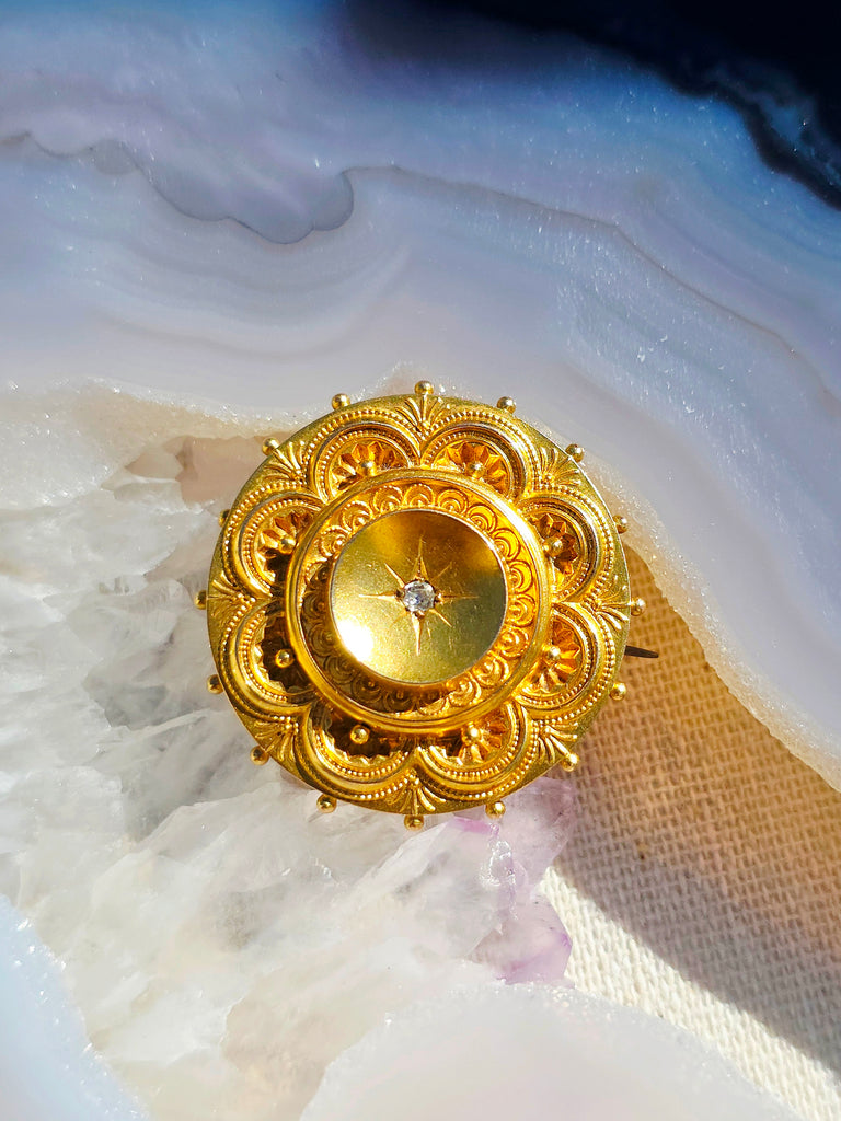 15K Yellow Gold Antique Diamond Round Brooch Locket  | Indulgems