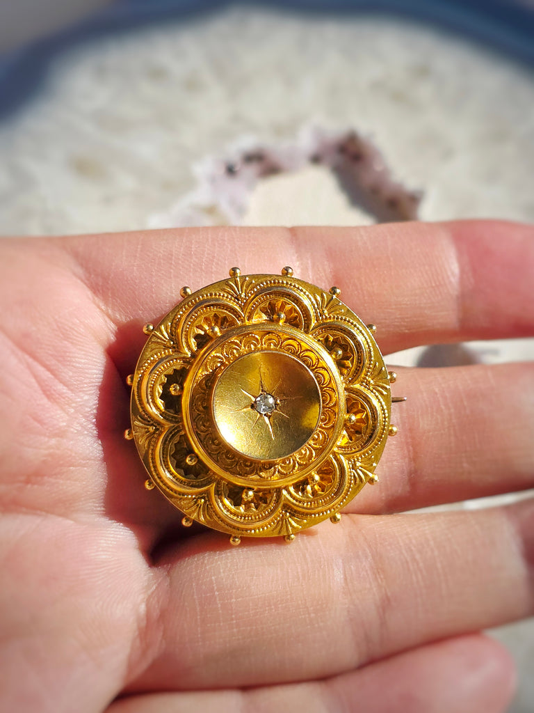 15K Yellow Gold Antique Diamond Round Brooch Locket  | Indulgems