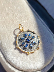 14K Yellow Gold & Oxidized Sterling Silver Disc Pendant with Blue Sapphire and Diamond | Indulgems | Designs in Real Gold