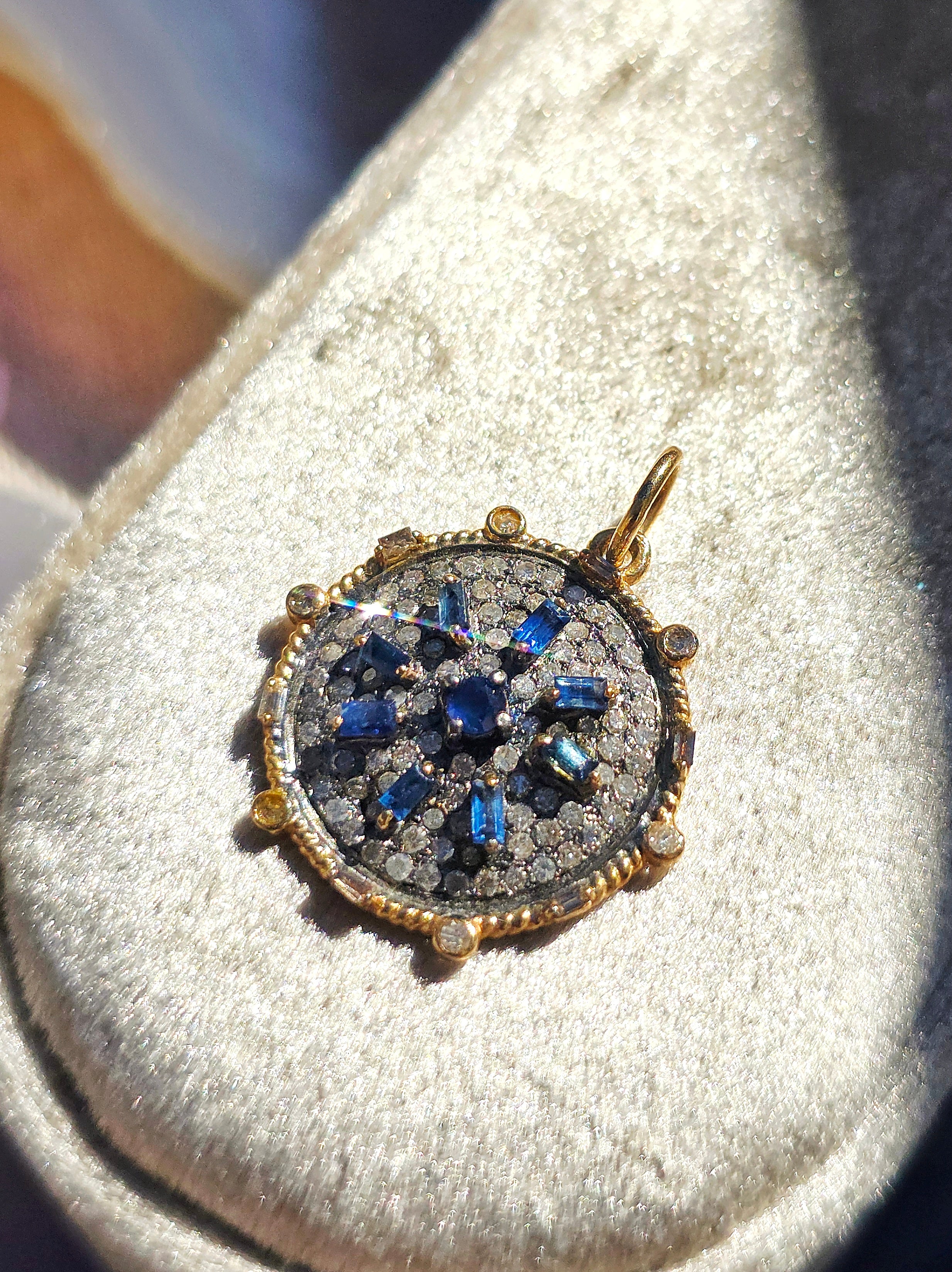 14K Yellow Gold & Oxidized Sterling Silver Disc Pendant with Blue Sapphire and Diamond | Indulgems | Designs in Real Gold