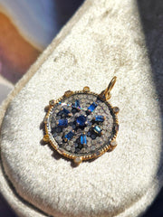 14K Yellow Gold & Oxidized Sterling Silver Disc Pendant with Blue Sapphire and Diamond | Indulgems | Designs in Real Gold