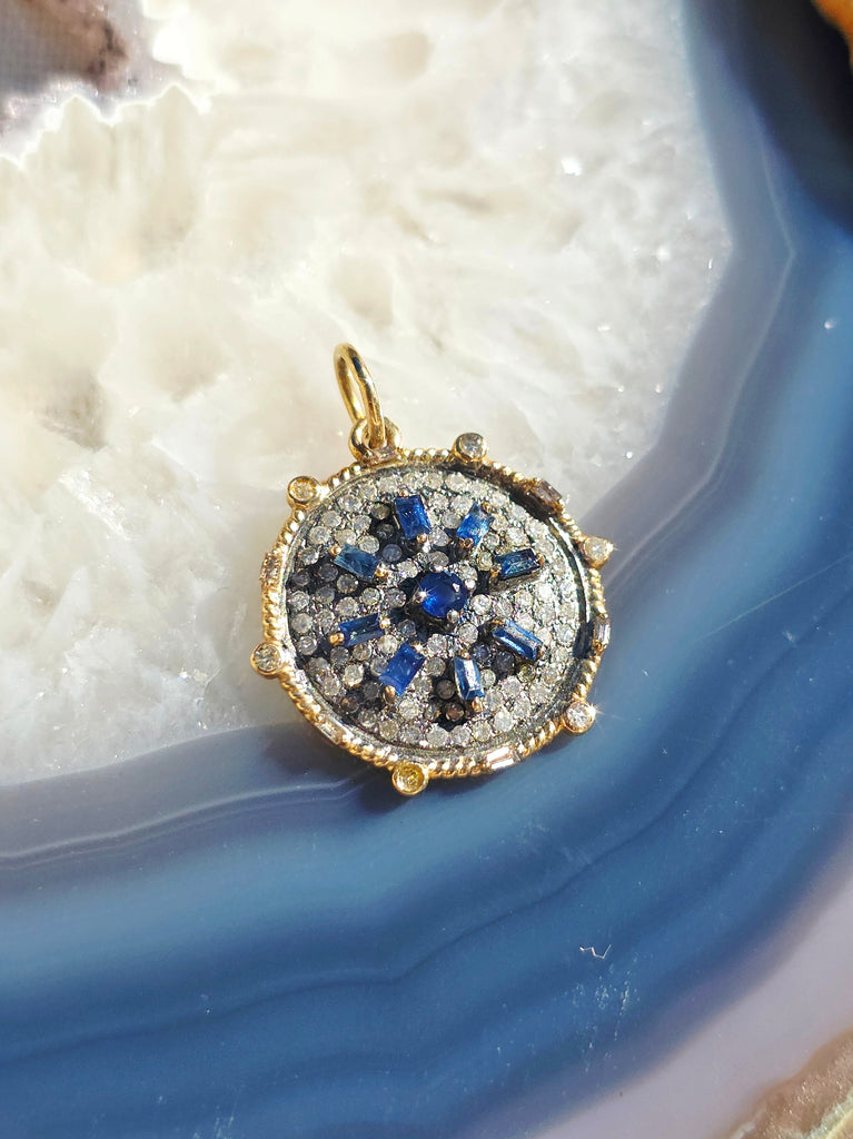14K Yellow Gold & Oxidized Sterling Silver Disc Pendant with Blue Sapphire and Diamond | Indulgems | Designs in Real Gold