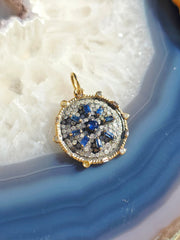 14K Yellow Gold & Oxidized Sterling Silver Disc Pendant with Blue Sapphire and Diamond | Indulgems | Designs in Real Gold
