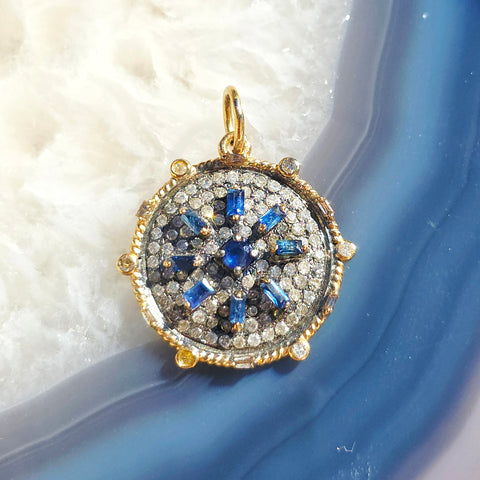 14K Yellow Gold & Oxidized Sterling Silver Disc Pendant with Blue Sapphire and Diamond | Indulgems | Designs in Real Gold