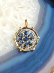 14K Yellow Gold & Oxidized Sterling Silver Disc Pendant with Blue Sapphire and Diamond | Indulgems | Designs in Real Gold
