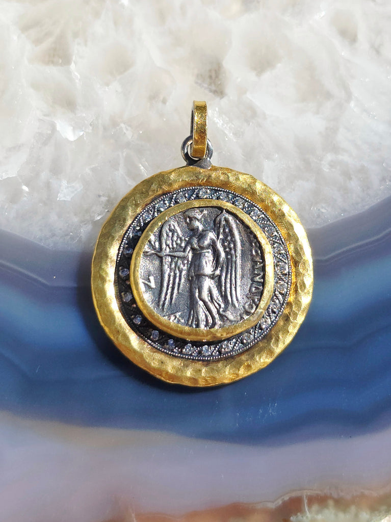 Ancient Coin Nike Deity Replica Diamond Sterling Silver 24K Yellow Gold Large Pendant