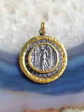 Ancient Coin Nike Deity Replica Diamond Sterling Silver 24K Yellow Gold Large Pendant