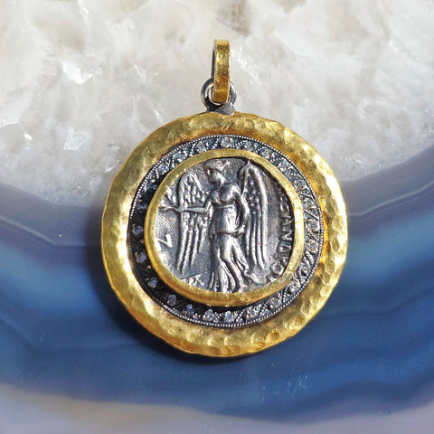 Ancient Coin Nike Deity Replica Diamond Sterling Silver 24K Yellow Gold Large Pendant