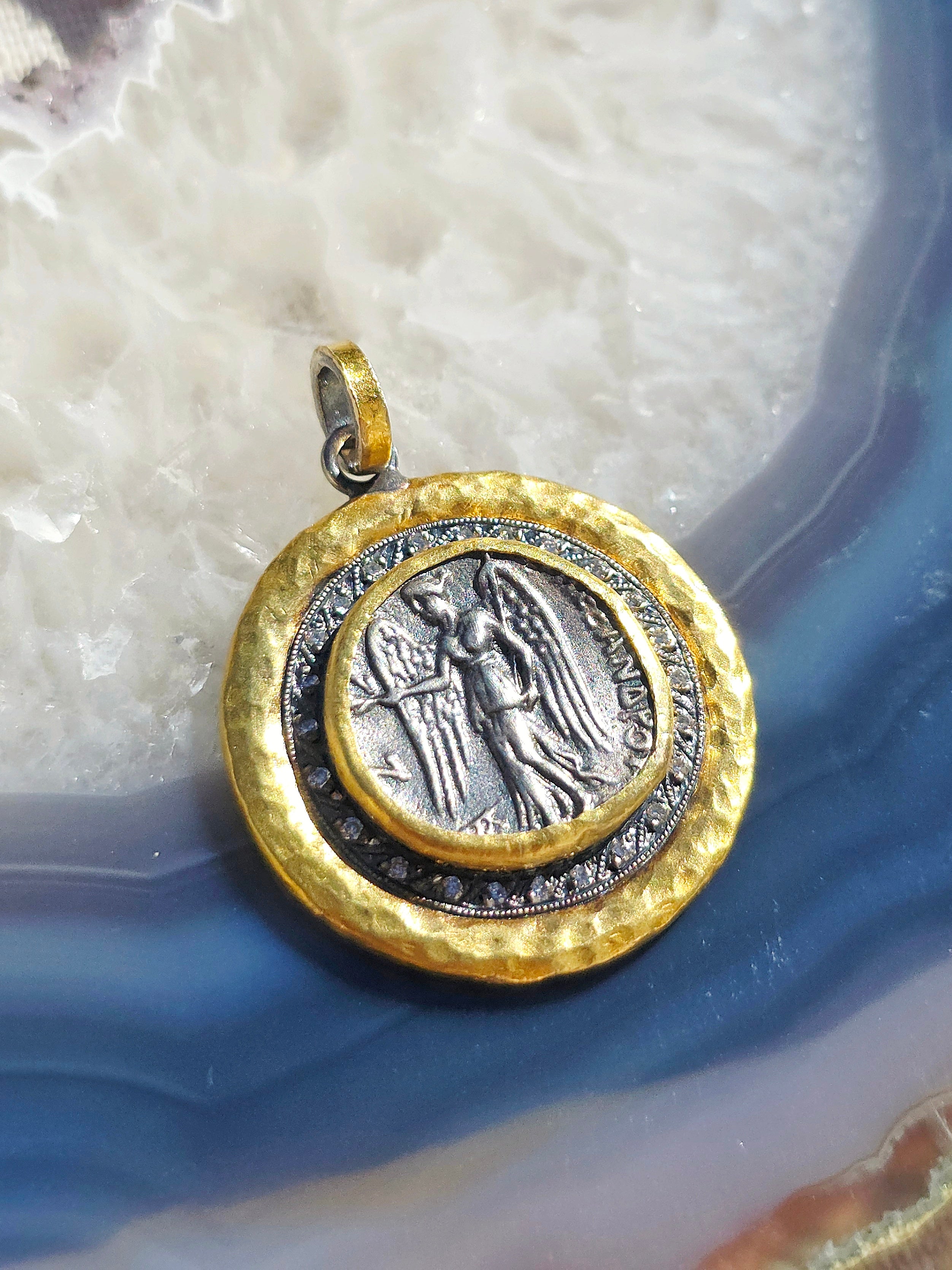 Ancient Coin Nike Deity Replica Diamond Sterling Silver 24K Yellow Gold Large Pendant