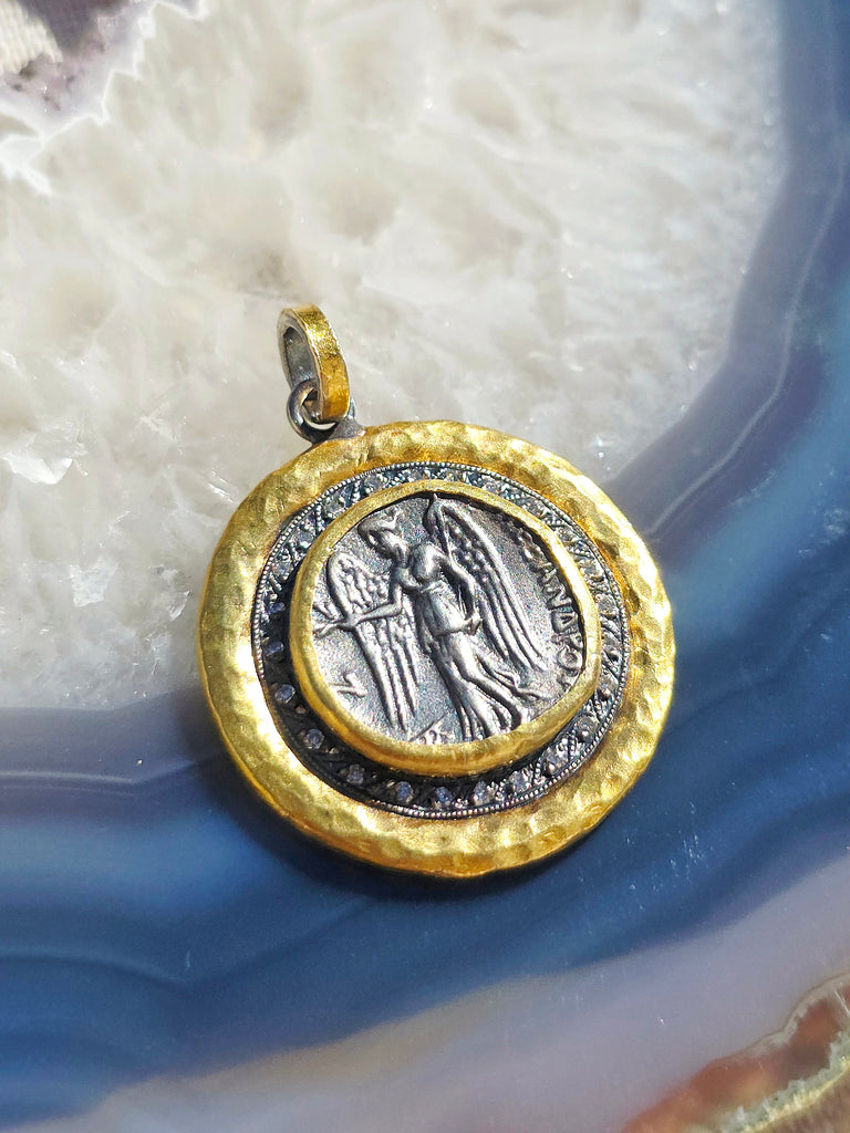 Ancient Coin Nike Deity Replica Diamond Sterling Silver 24K Yellow Gold Large Pendant