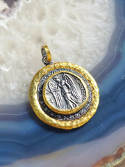 Ancient Coin Nike Deity Replica Diamond Sterling Silver 24K Yellow Gold Large Pendant