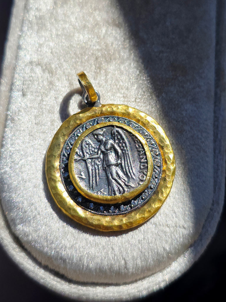 Ancient Coin Nike Deity Replica Diamond Sterling Silver 24K Yellow Gold Large Pendant