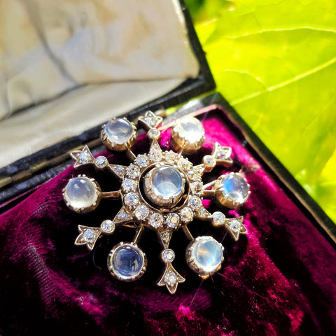 Antique Rainbow Moonstone & Diamond Snowflake Brooch in Silver and 14k Gold | Indulgems | Designs in Real Gold