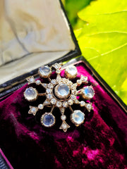 Antique Rainbow Moonstone & Diamond Snowflake Brooch in Silver and 14k Gold | Indulgems | Designs in Real Gold
