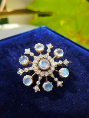 Antique Rainbow Moonstone & Diamond Snowflake Brooch in Silver and 14k Gold | Indulgems | Designs in Real Gold