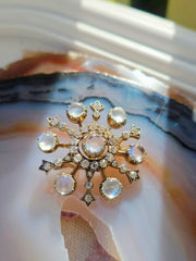 Antique Rainbow Moonstone & Diamond Snowflake Brooch in Silver and 14k Gold | Indulgems | Designs in Real Gold