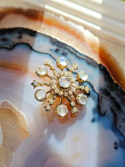 Antique Rainbow Moonstone & Diamond Snowflake Brooch in Silver and 14k Gold | Indulgems | Designs in Real Gold