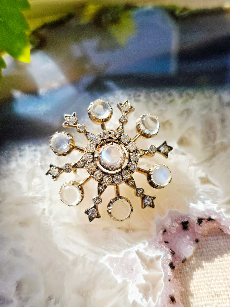 Antique Rainbow Moonstone & Diamond Snowflake Brooch in Silver and 14k Gold | Indulgems | Designs in Real Gold