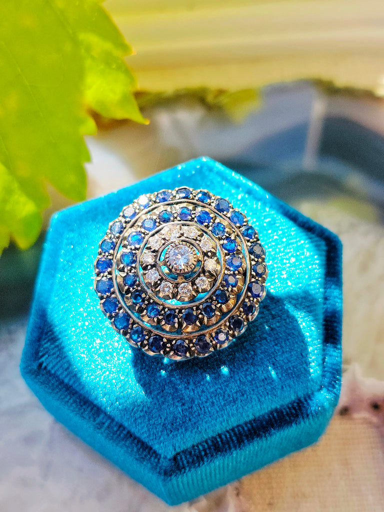 Antique Diamond & Blue Sapphire Brooch in 14k Gold and Silver | Indulgems