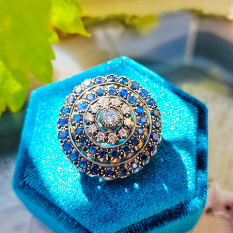 Antique Diamond & Blue Sapphire Brooch in 14k Gold and Silver | Indulgems