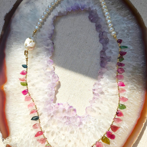 14K Yellow Gold Hand Carved Pink & Green Tourmaline Leaves, Freshwater Baroque Pearl Gemstone Halfsie Necklace 24"