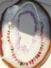 14K Yellow Gold Hand Carved Pink & Green Tourmaline Leaves, Freshwater Baroque Pearl Gemstone Halfsie Necklace 24"