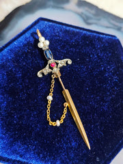 18k Solid Gold Sword Pendant with Ruby, Sapphire, Diamond & Pearls | Indulgems | Antique Revival