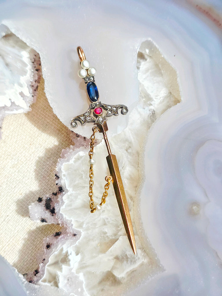 18k Solid Gold Sword Pendant with Ruby, Sapphire, Diamond & Pearls | Indulgems | Antique Revival