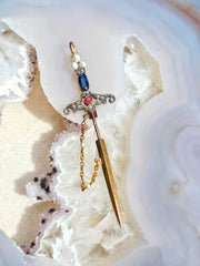 18k Solid Gold Sword Pendant with Ruby, Sapphire, Diamond & Pearls | Indulgems | Antique Revival