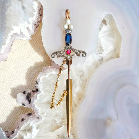 18k Solid Gold Sword Pendant with Ruby, Sapphire, Diamond & Pearls | Indulgems | Antique Revival