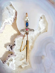 18k Solid Gold Sword Pendant with Ruby, Sapphire, Diamond & Pearls | Indulgems | Antique Revival