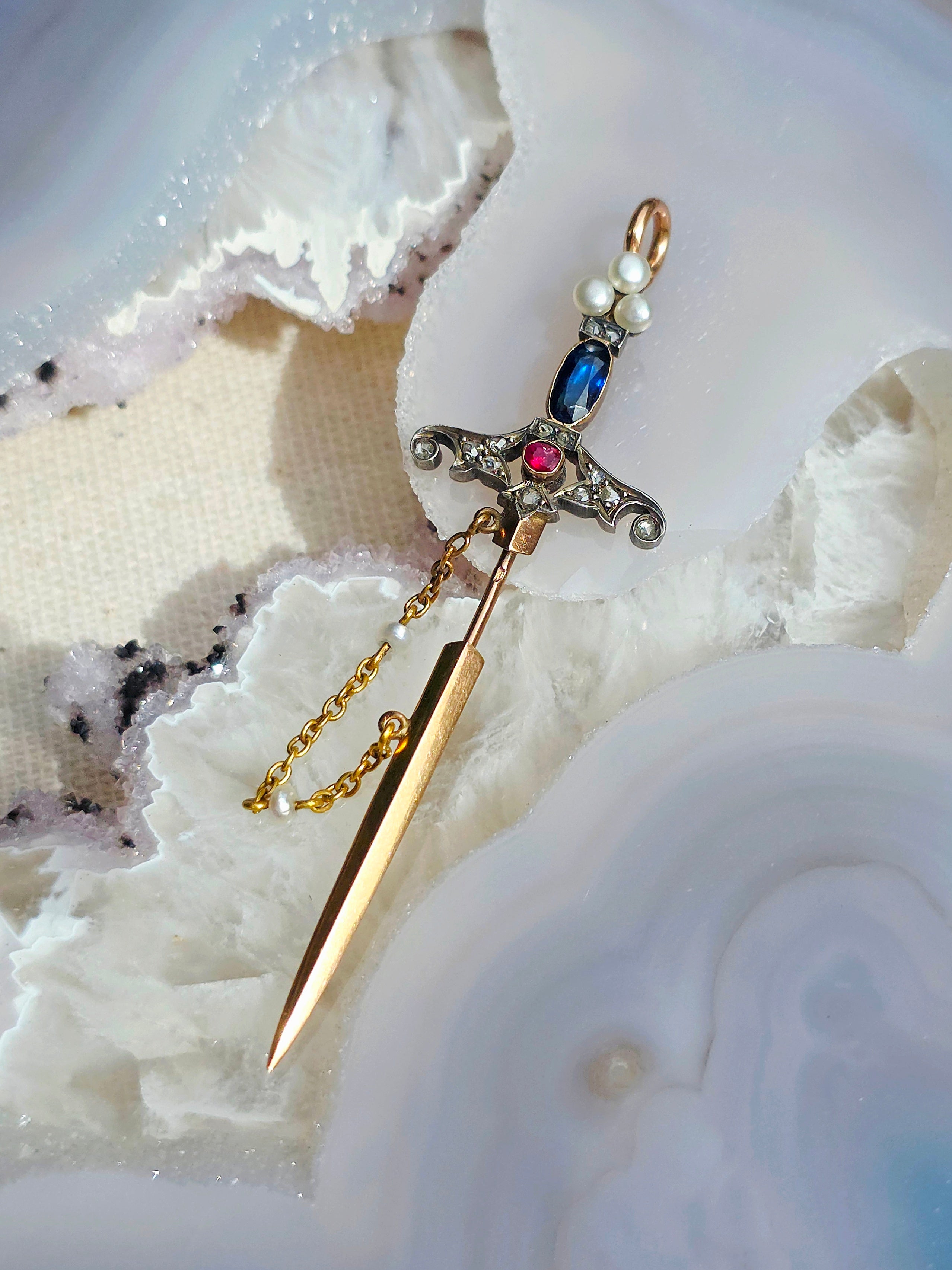 18k Solid Gold Sword Pendant with Ruby, Sapphire, Diamond & Pearls | Indulgems | Antique Revival