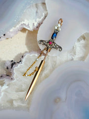 18k Solid Gold Sword Pendant with Ruby, Sapphire, Diamond & Pearls | Indulgems | Antique Revival