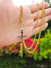 18k Solid Gold Sword Pendant with Ruby, Sapphire, Diamond & Pearls | Indulgems | Antique Revival