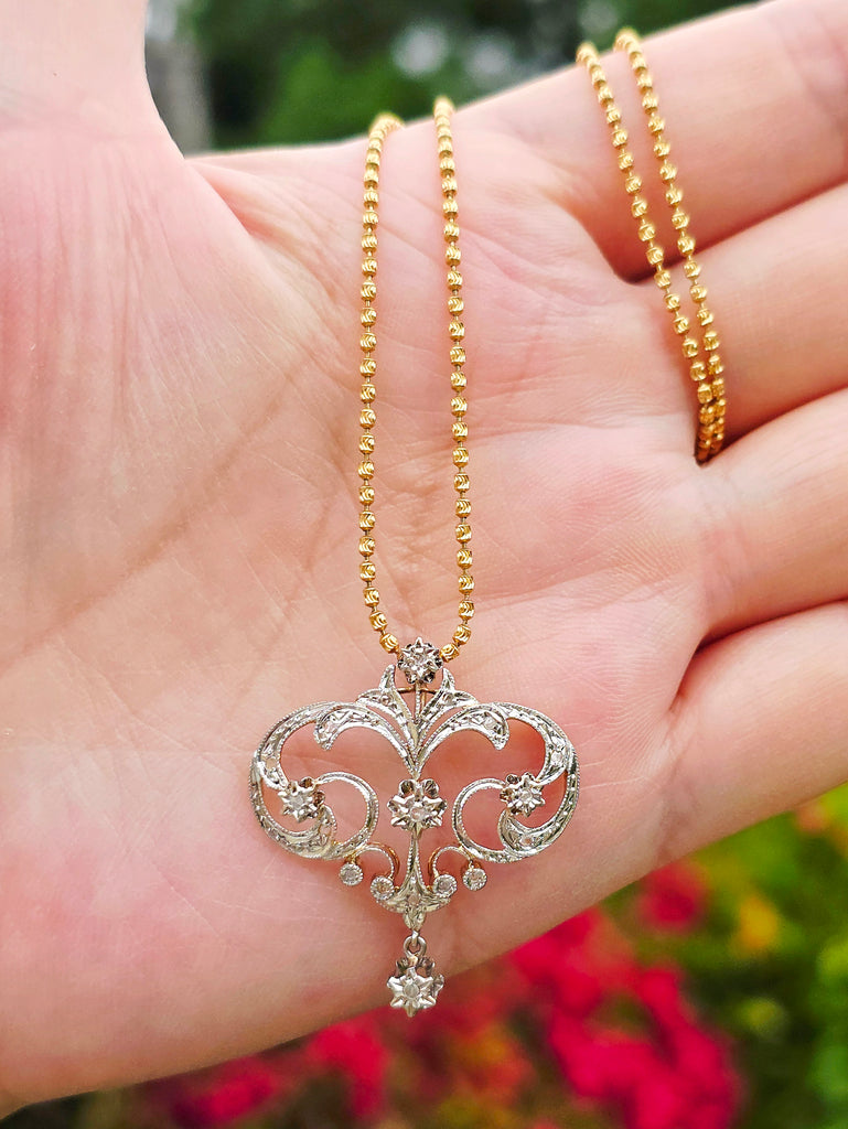 14k Gold Celestial Scrolling Motif Diamond Pendant | Indulgems | Antique Revival