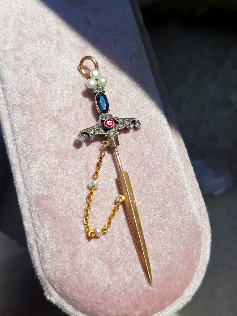 18k Solid Gold Sword Pendant with Ruby, Sapphire, Diamond & Pearls | Indulgems | Antique Revival