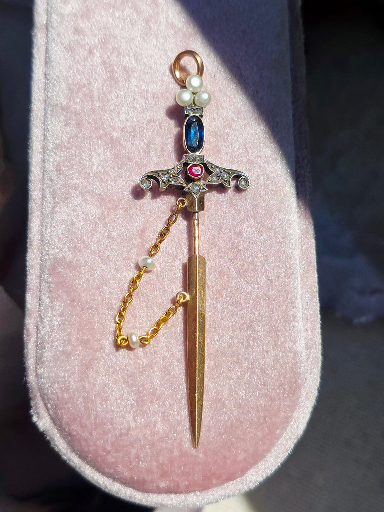 18k Solid Gold Sword Pendant with Ruby, Sapphire, Diamond & Pearls | Indulgems | Antique Revival