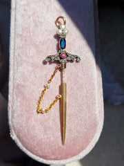 18k Solid Gold Sword Pendant with Ruby, Sapphire, Diamond & Pearls | Indulgems | Antique Revival