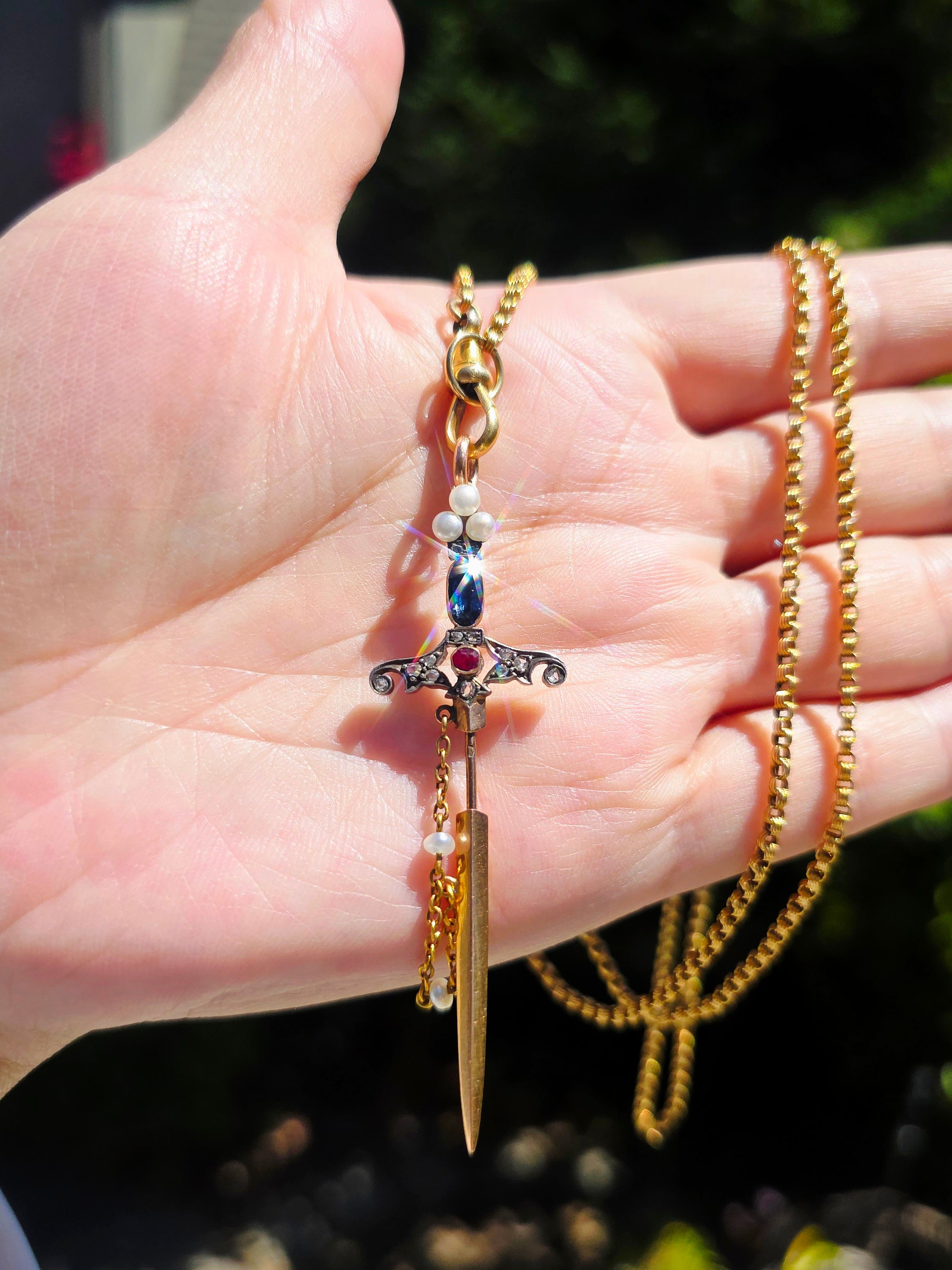 18k Solid Gold Sword Pendant with Ruby, Sapphire, Diamond & Pearls | Indulgems | Antique Revival