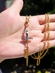 18k Solid Gold Sword Pendant with Ruby, Sapphire, Diamond & Pearls | Indulgems | Antique Revival
