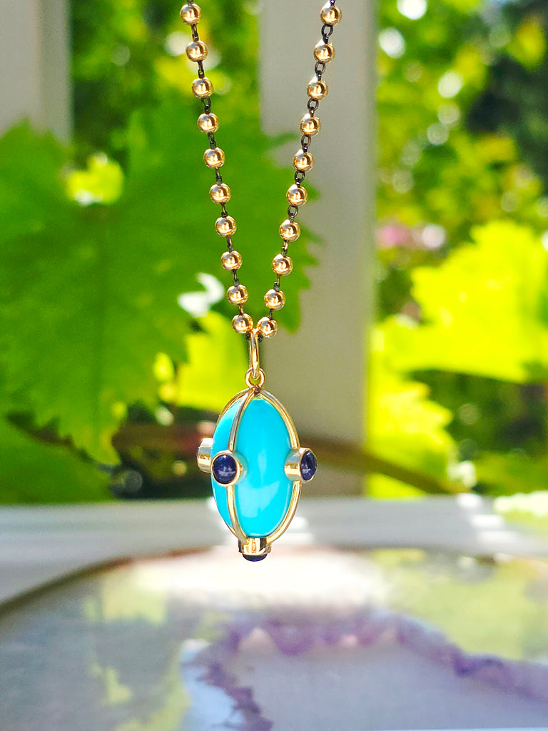 14k Yellow Gold Turquoise & Sapphire Amulet Pendant | Indulgems