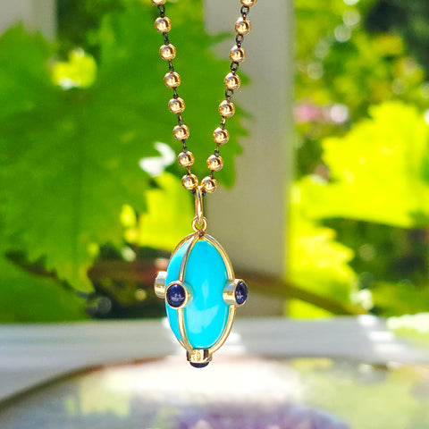 14k Yellow Gold Turquoise & Sapphire Amulet Pendant | Indulgems