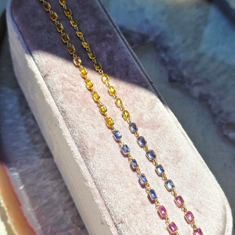 14k Yellow Gold Fancy Sapphire Rainbow Tennis Necklace | Indulgems