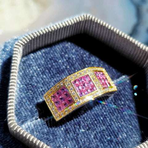 18k Yellow Gold Vintage Pink Sapphire & Diamond Ring size 7.5 | Indulgems