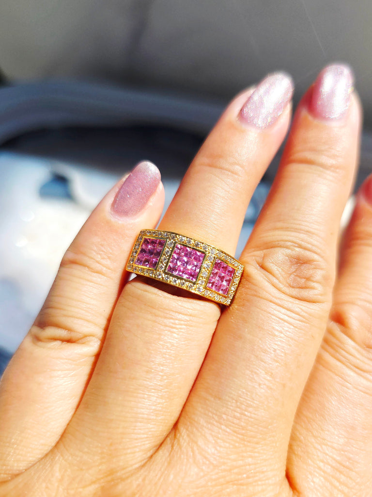 18k Yellow Gold Vintage Pink Sapphire & Diamond Ring size 7.5 | Indulgems